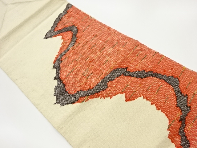 JAPANESE KIMONO / VINTAGE NAGOYA OBI / MAWATA TSUMUGI / WOVEN ABSTRACT WAVY STRIPE